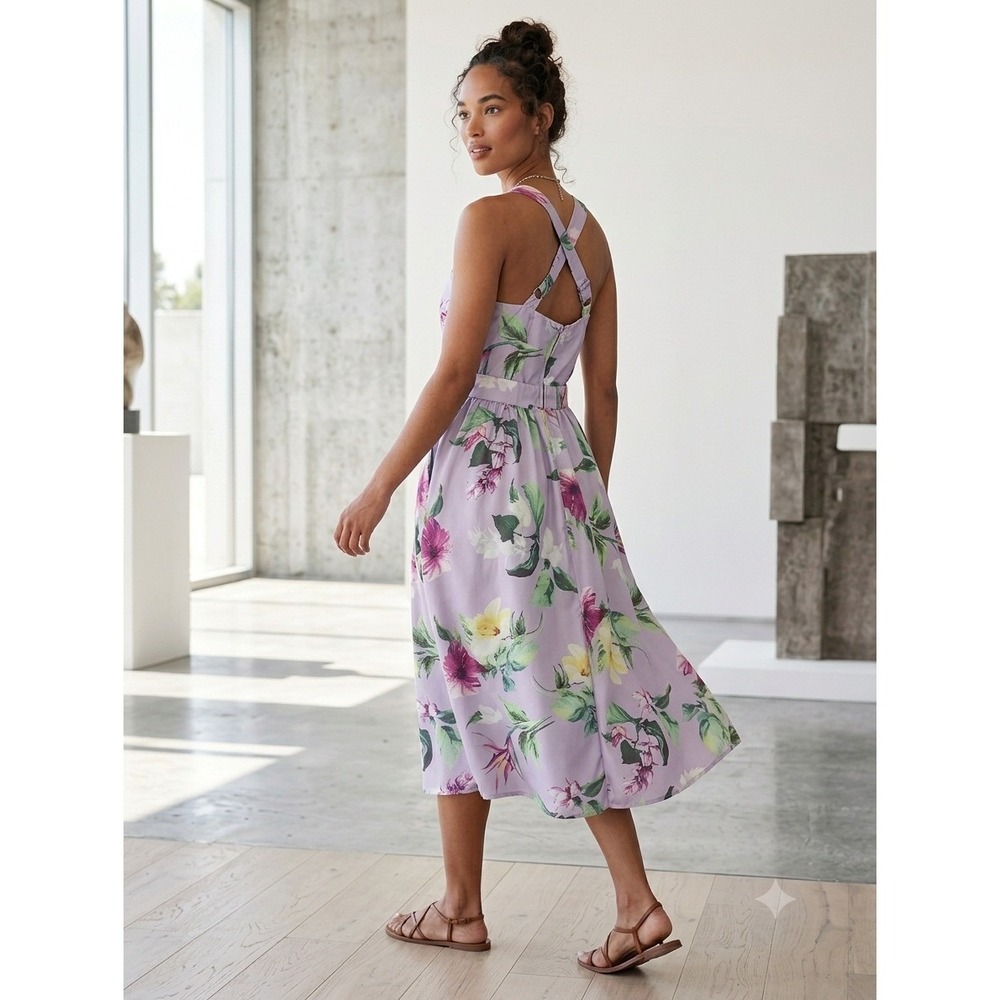 Unique Vintage Lavender Floral Halter Midi Dress Tropical Hibiscus Purple 25W
